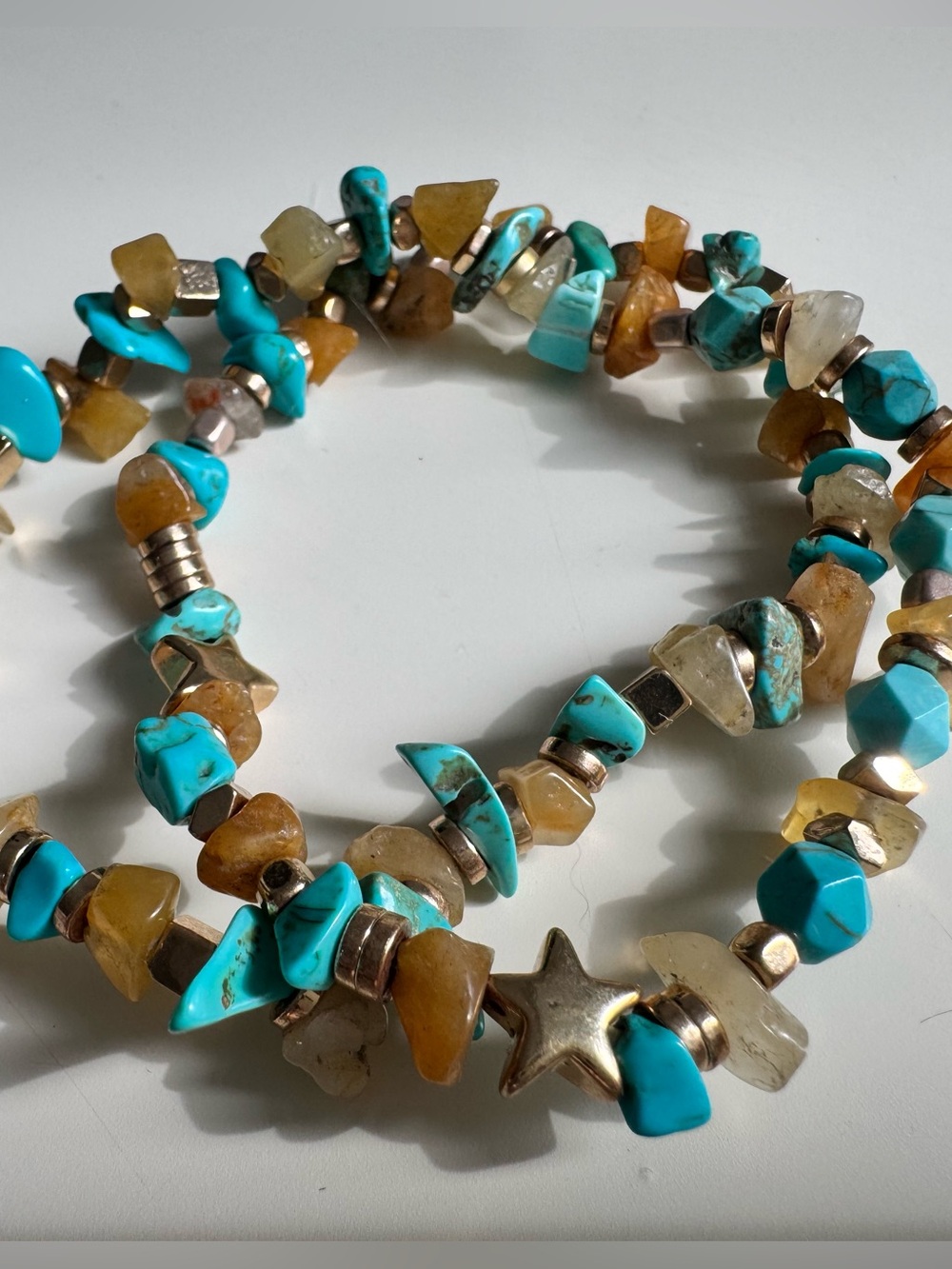 Turquoise & Orange Quartz Bead Double Wrap Bracelet w/Gold Hematite